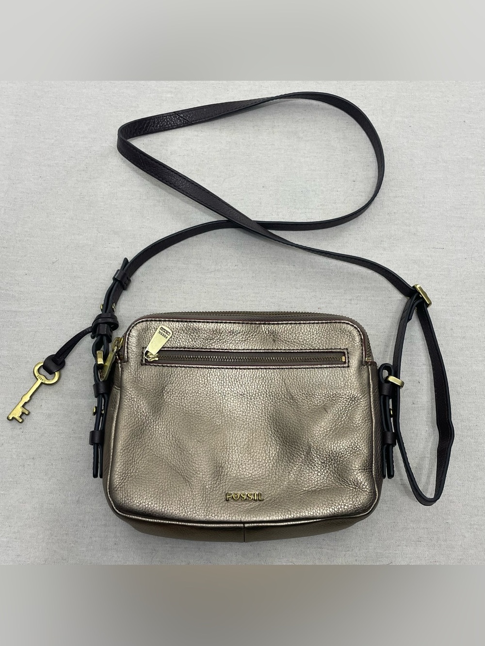 FOSSIL Crossbody Bag Brown & Metliac Gold Coated Cow Hide Leather Canvas Zip Key